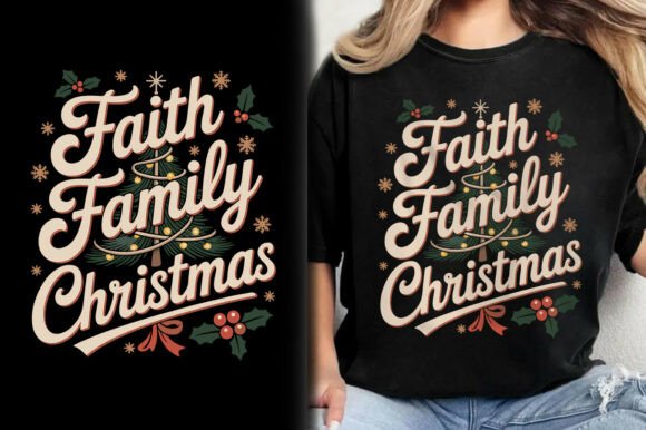 Faith Family Christmas Christian T-Shirt – A Festive Graphic for Seasonal Branding and Small Business Visuals